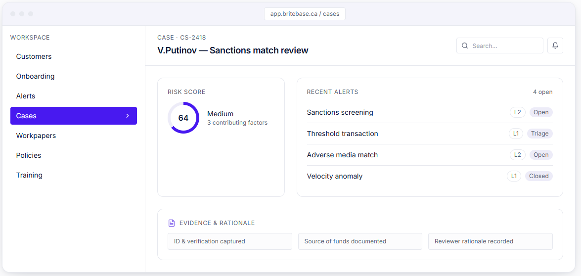 The BriteBase AML Operating Platform: a case view showing the customer risk score, recent alerts by level, and the evidence and rationale trail